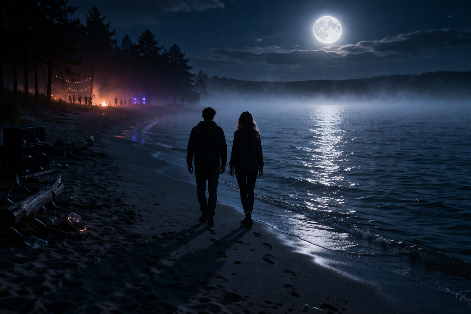 Moonlake shoreline after the eclipse; soft silver light over dark water; distant figures near the bowl; a quiet opening in the shoreline where two paths seem ready to meet