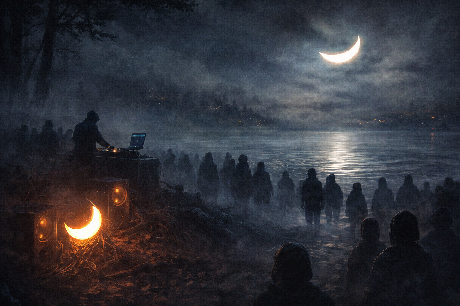 A misty shoreline at night with a tilted crescent moon above; hidden speakers glow low among cedar roots; silhouettes gather at water level as bass ripples across the lake