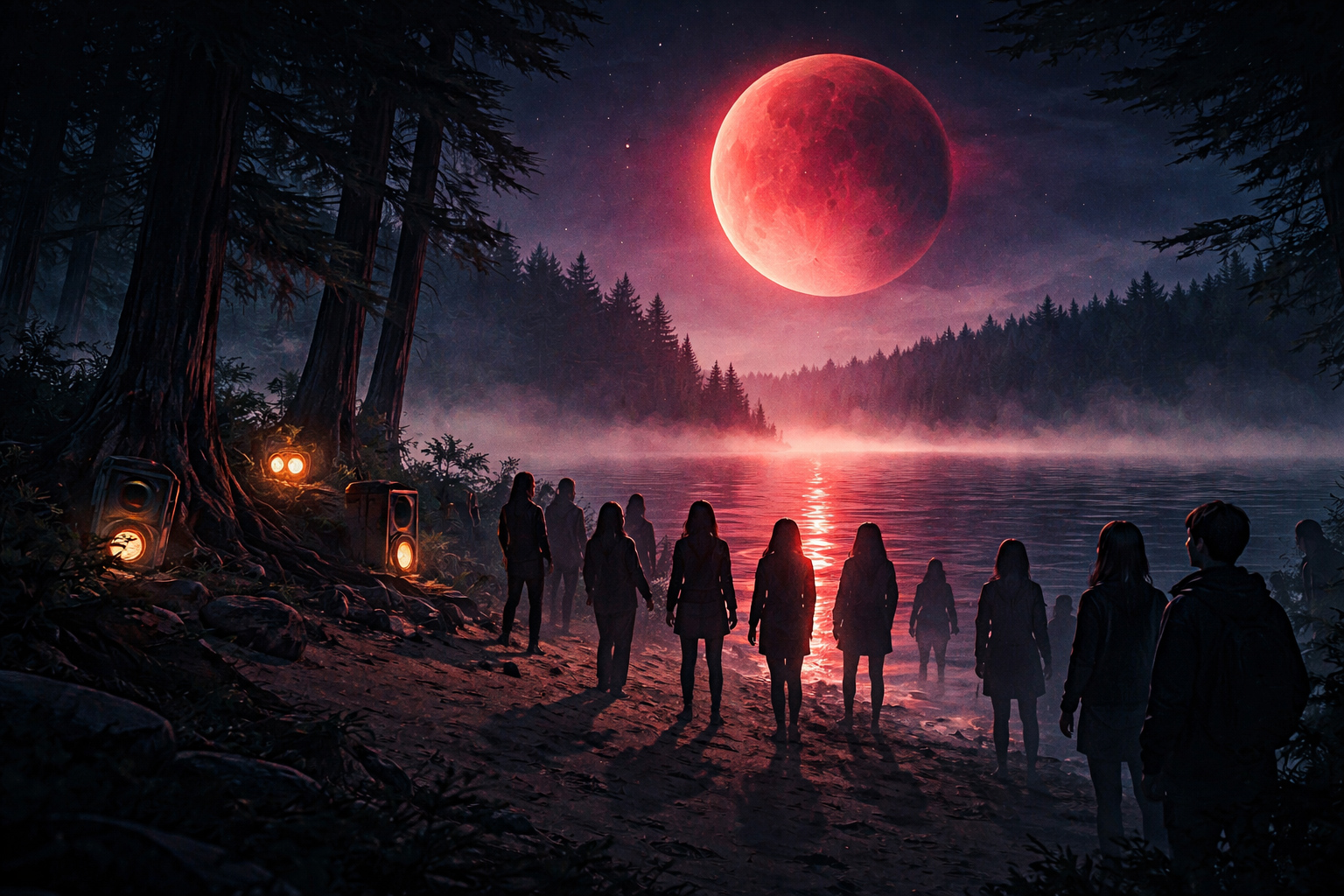 A shoreline gathering under a rising lunar eclipse; red shadow reflected in dark water; bass speakers half-buried in sand; silhouettes facing the lake as mist drifts low