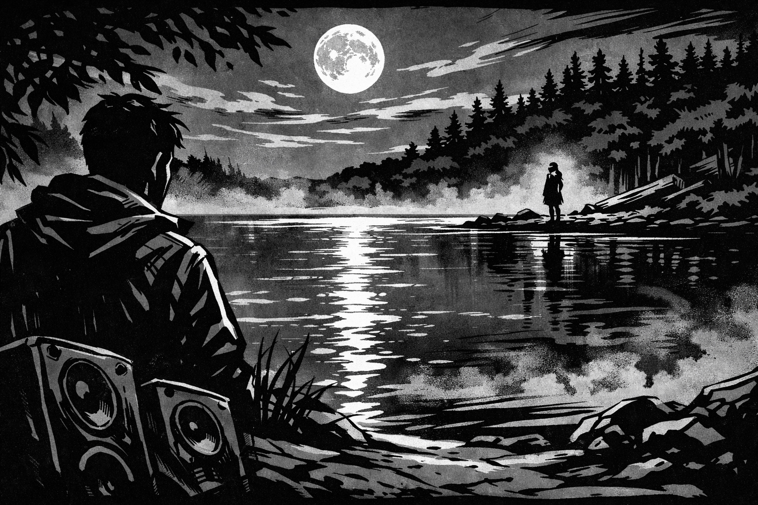 A shoreline gathering under a rising lunar eclipse; red shadow reflected in dark water; bass speakers half-buried in sand; silhouettes facing the lake as mist drifts low