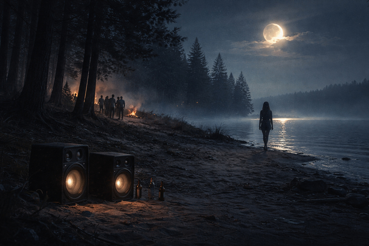 Moonlake shoreline after an eclipse; faint mist over dark water; distant silhouettes near cedar trees; bass speakers glowing faintly in the sand