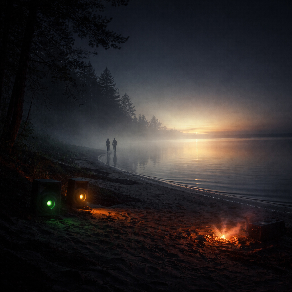 Moonlake shoreline in early return of light; mist thinning over reflective water; two distant silhouettes slightly closer; soft glow from speakers and embers in sand