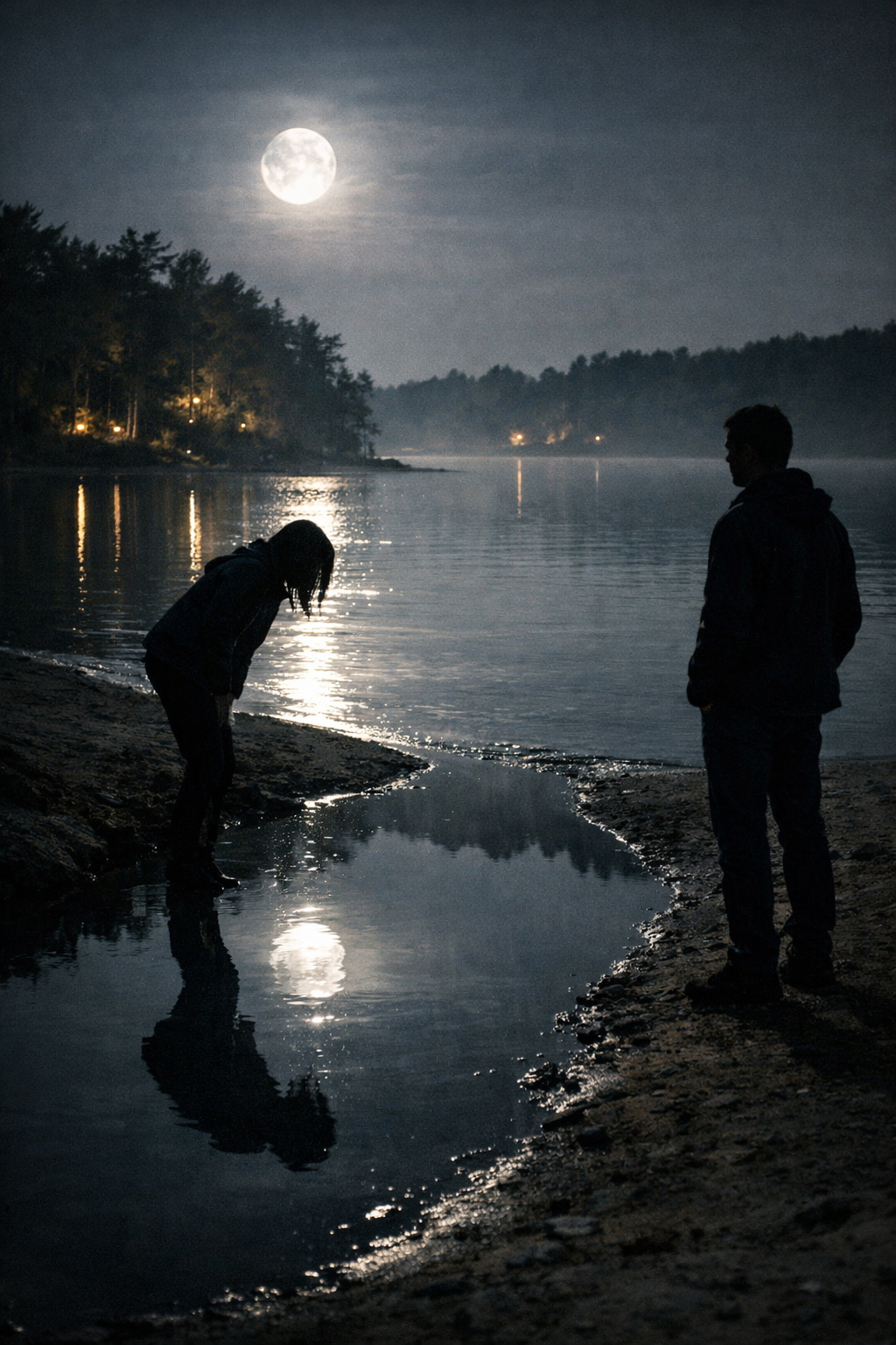 Moonlake shoreline widening under returning moonlight; silver reflections stretching across shallow water; two distant figures moving in parallel; faint glow from the trees behind