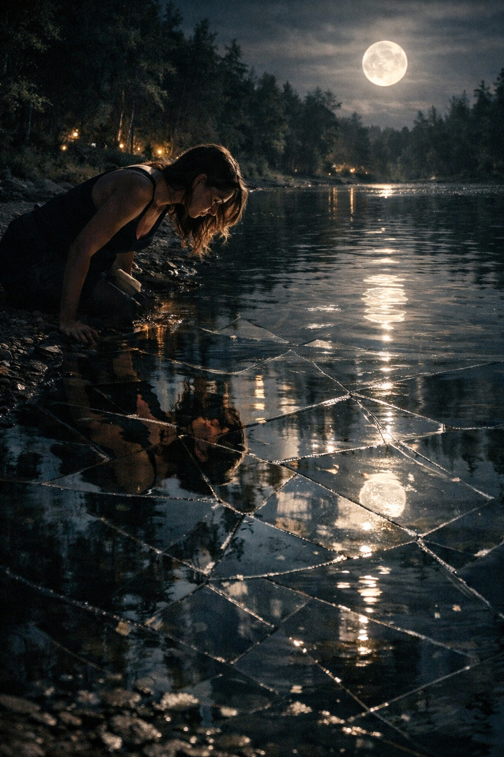 Moonlake inlet reflecting fragmented moonlight; subtle ripples distorting mirrored figures; faint geometric patterns emerging in the water surface