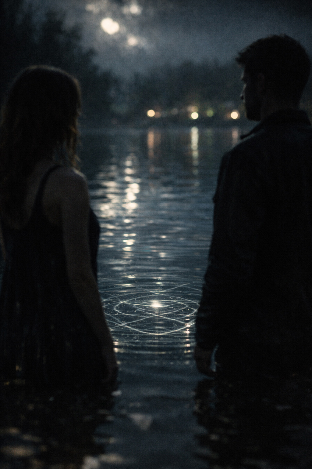 Moonlake shoreline with soft luminous reflections; two figures standing close but not touching; subtle ripple distortions creating slight offsets in their mirrored forms; faint rhythmic patterns in the water suggesting unseen alignment
