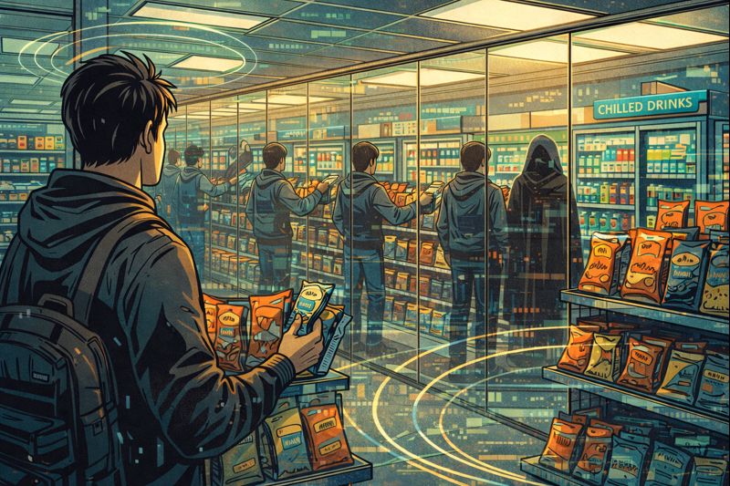 Bright storefronts with faint repeating patterns in reflections, like a chorus of identical moments