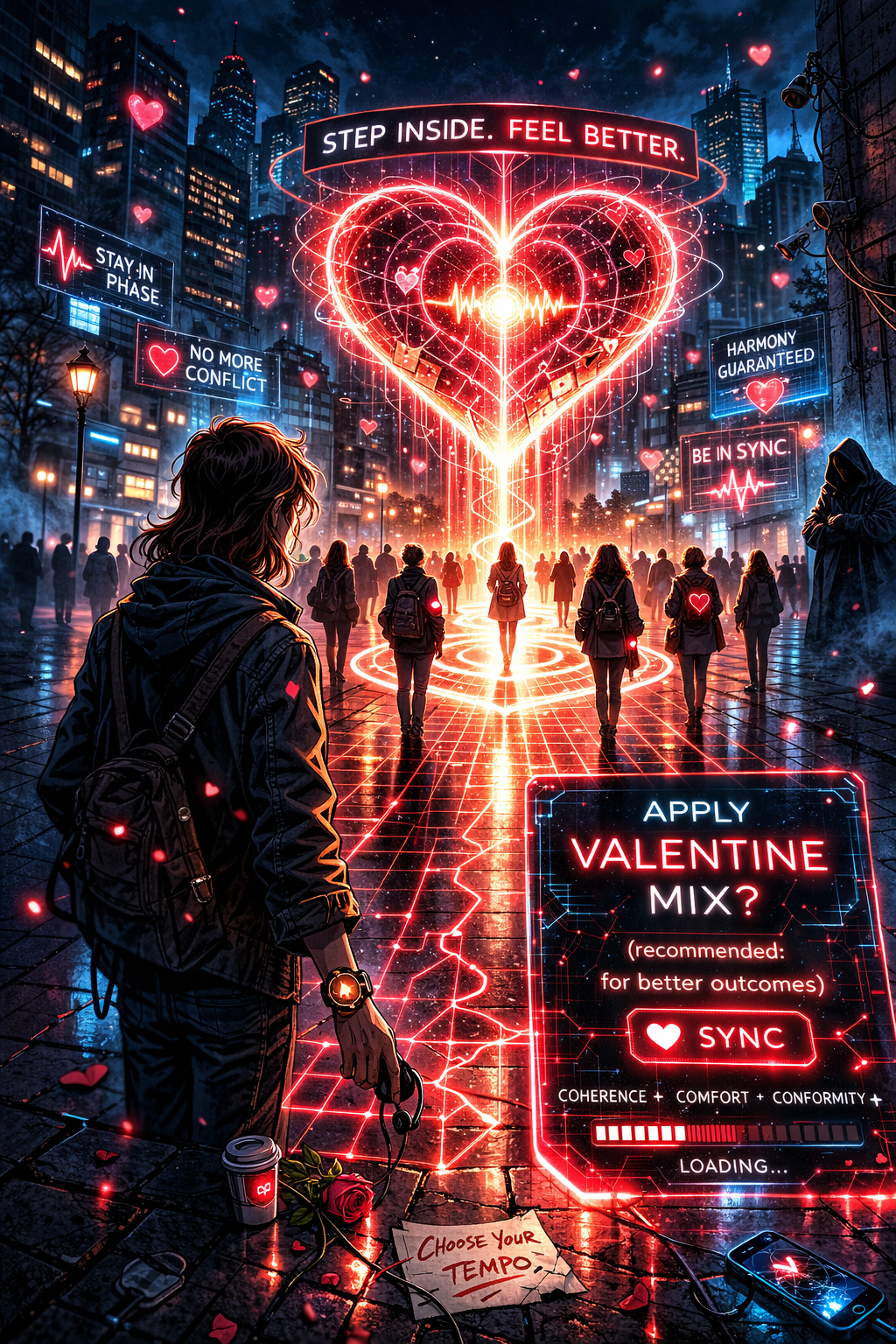 A public square with a glowing heart-shaped installation; its light casts gridlines like a sequencer across the pavement