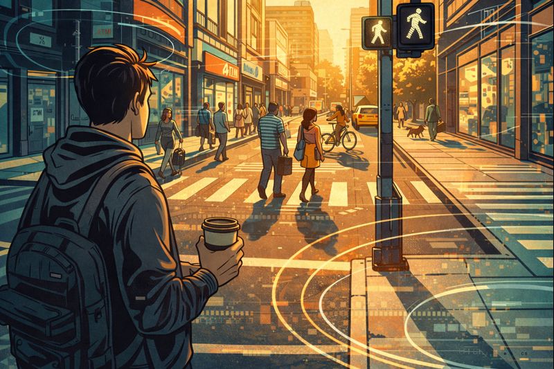 Sunlit street scene with subtle geometric shimmer and ghosted timing marks