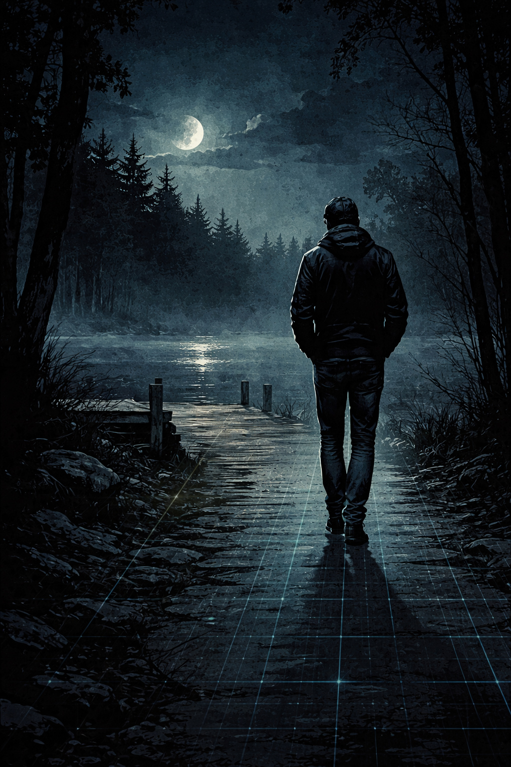 Dock at night with faint gridlines dissolving into darkness, a pause held between moments