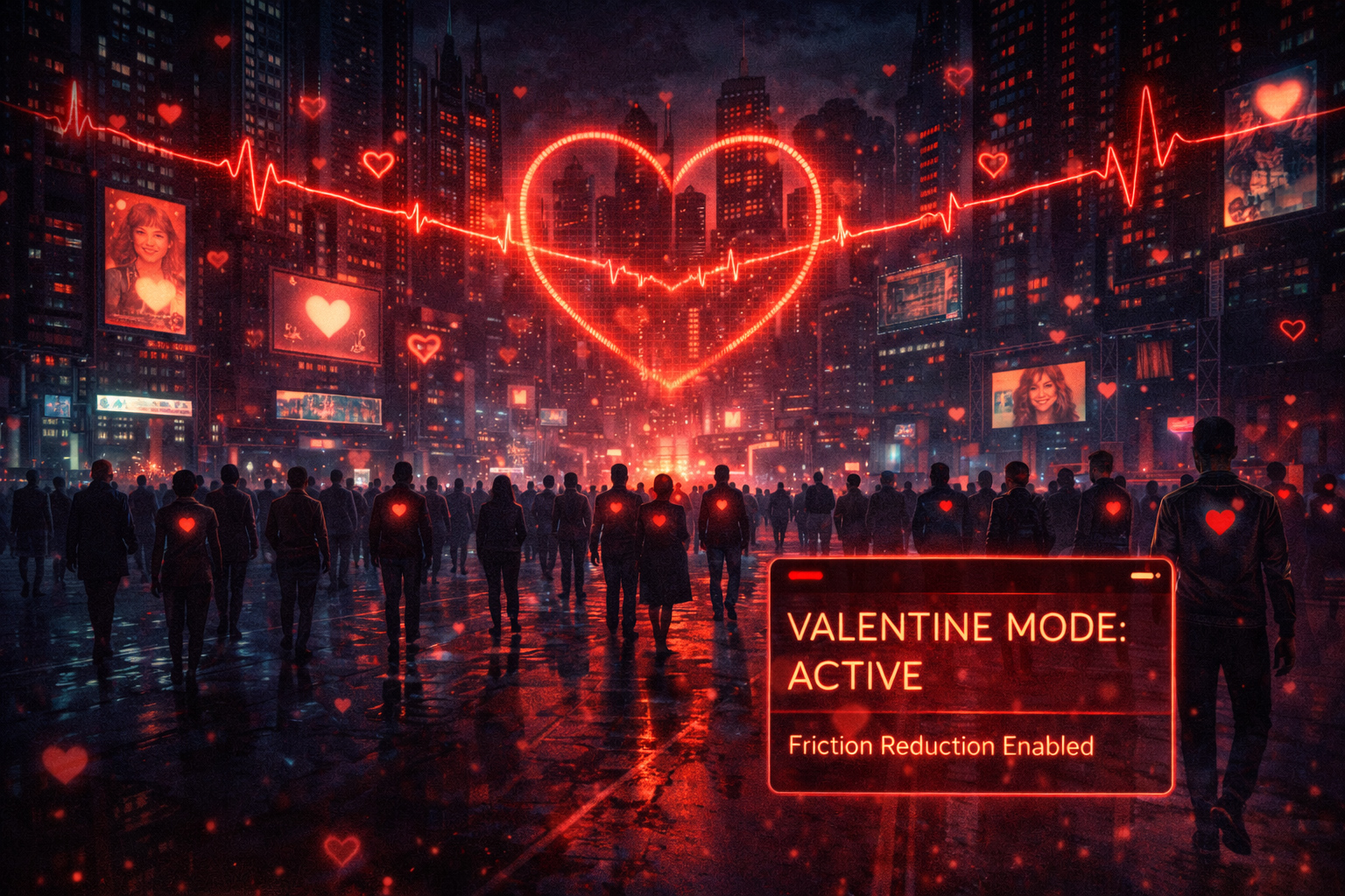 A city street at night; reflections form faint heart-like loops that resolve into clean geometric timing marks